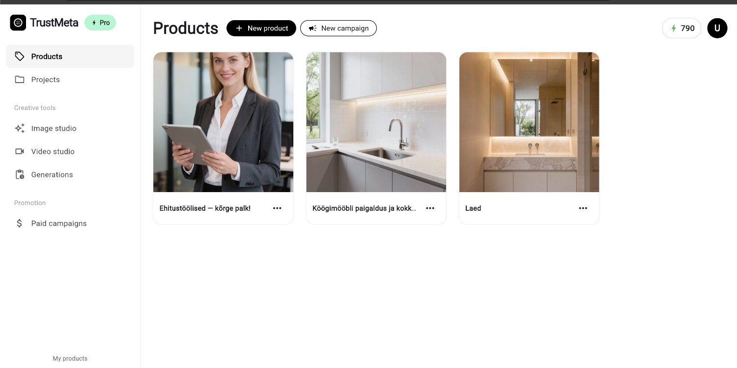 TrustMeta.pro product dashboard showing products and campaign actions