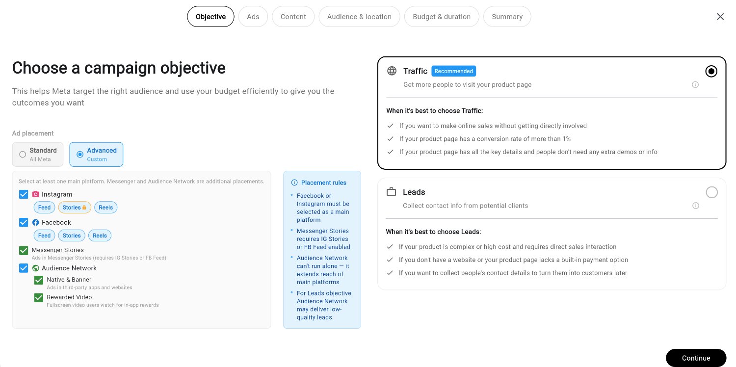 TrustMeta.pro campaign setup: step tabs with a guided objective picker and placement toggles